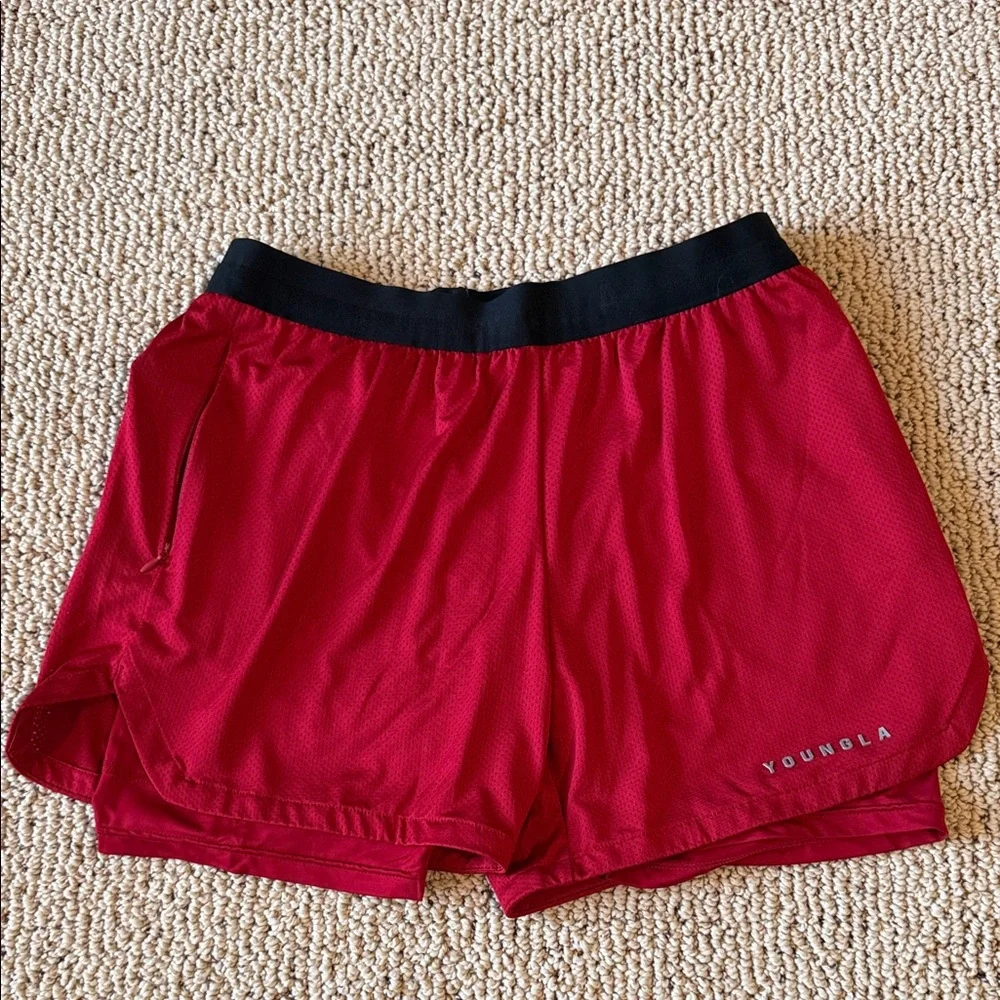 YoungLA Mens Red 5” Athletic Shorts with Liner - Picture 4 of 4